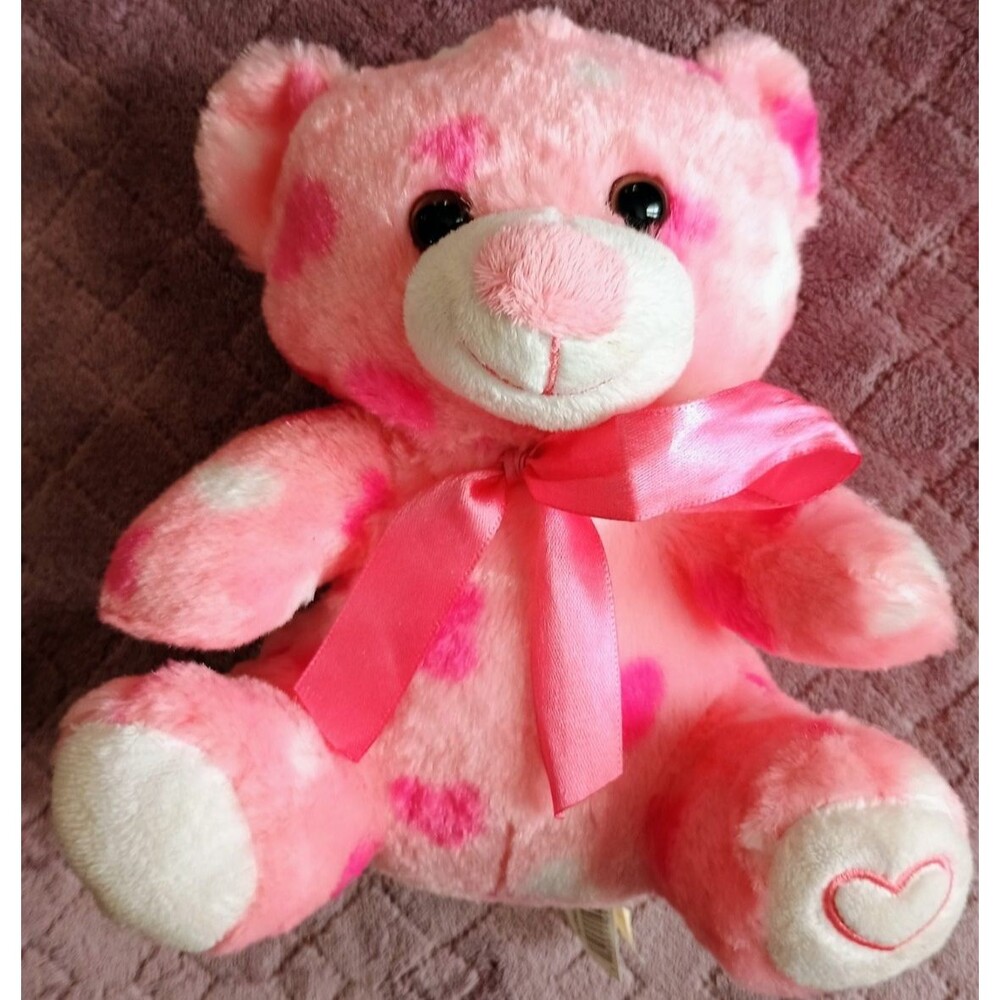 MTY International Valentine’s Day 7” Teddy Bear Pink With Hearts Print